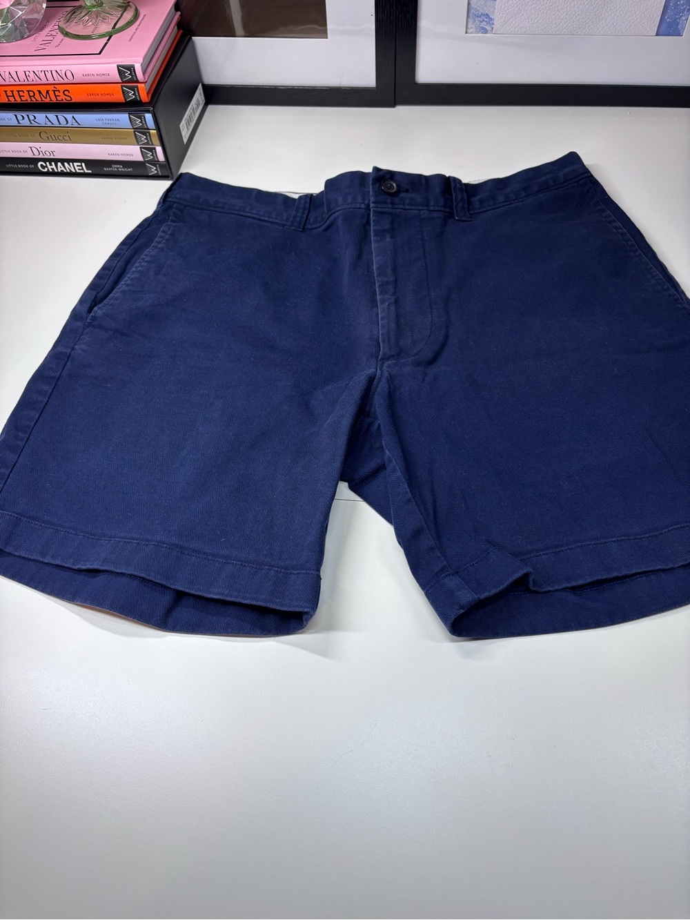 J. Crew Men’s Navy Flat-Front Mercantile Flex Cotton Chino Shorts Size 32